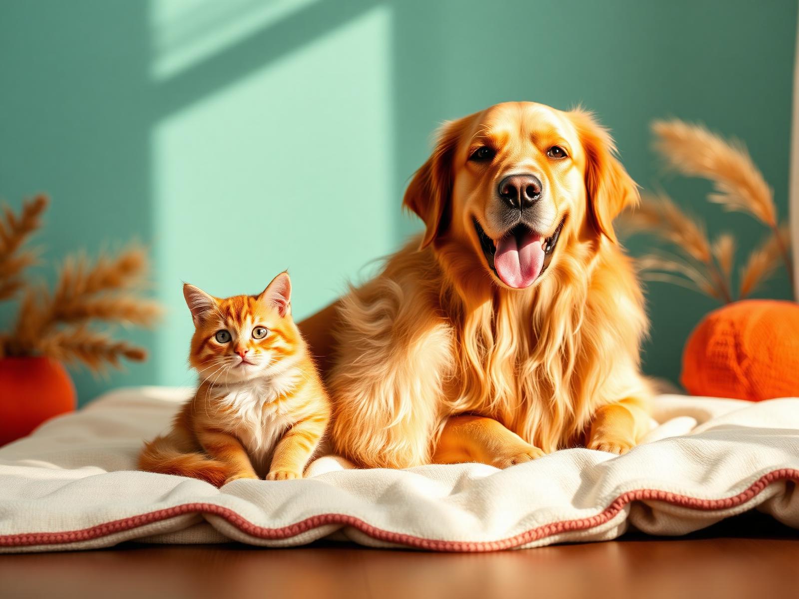 A golden retriever and ginger cat resting together
